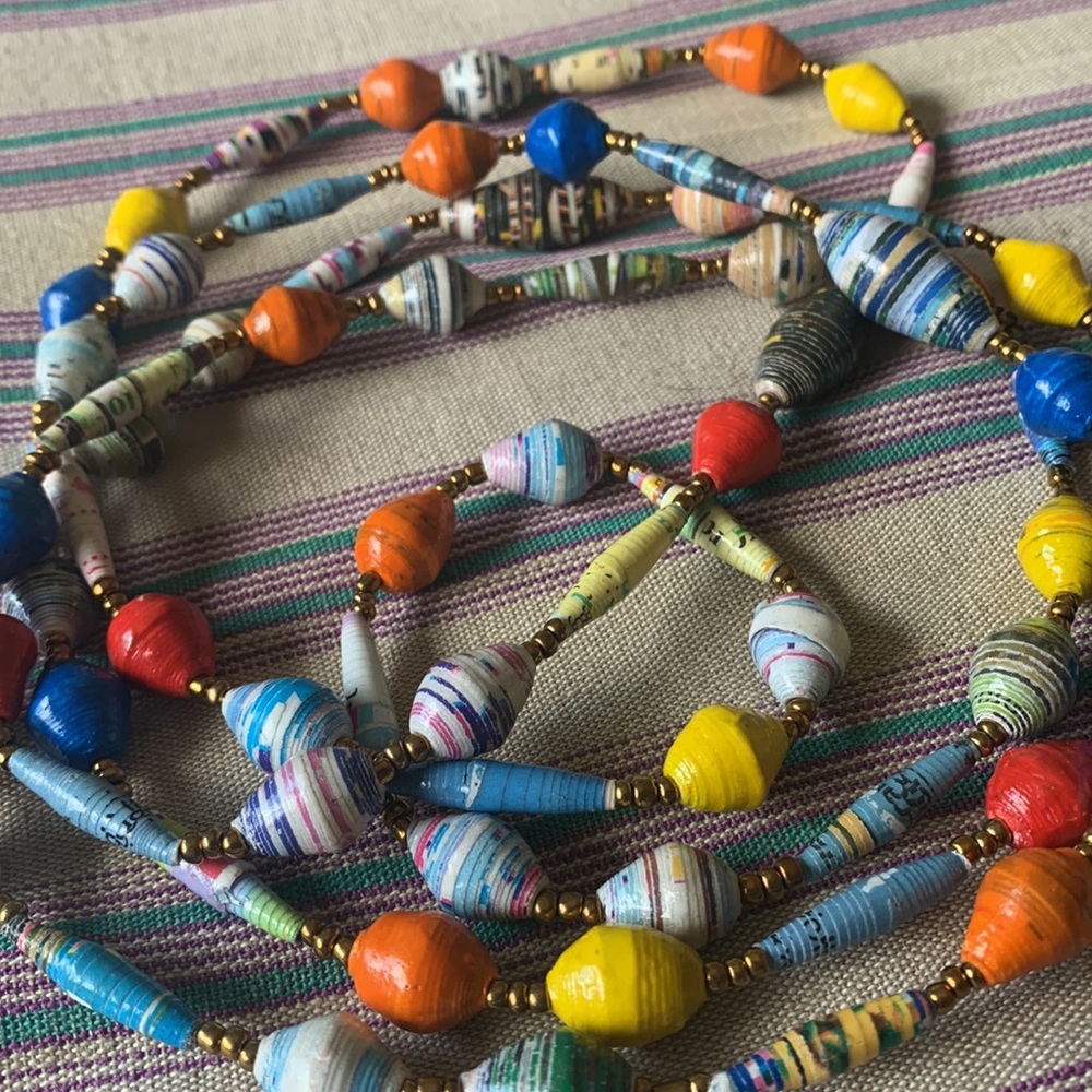 SUPER long 3 foot long vintage handcrafted paper beads colorful nechlace